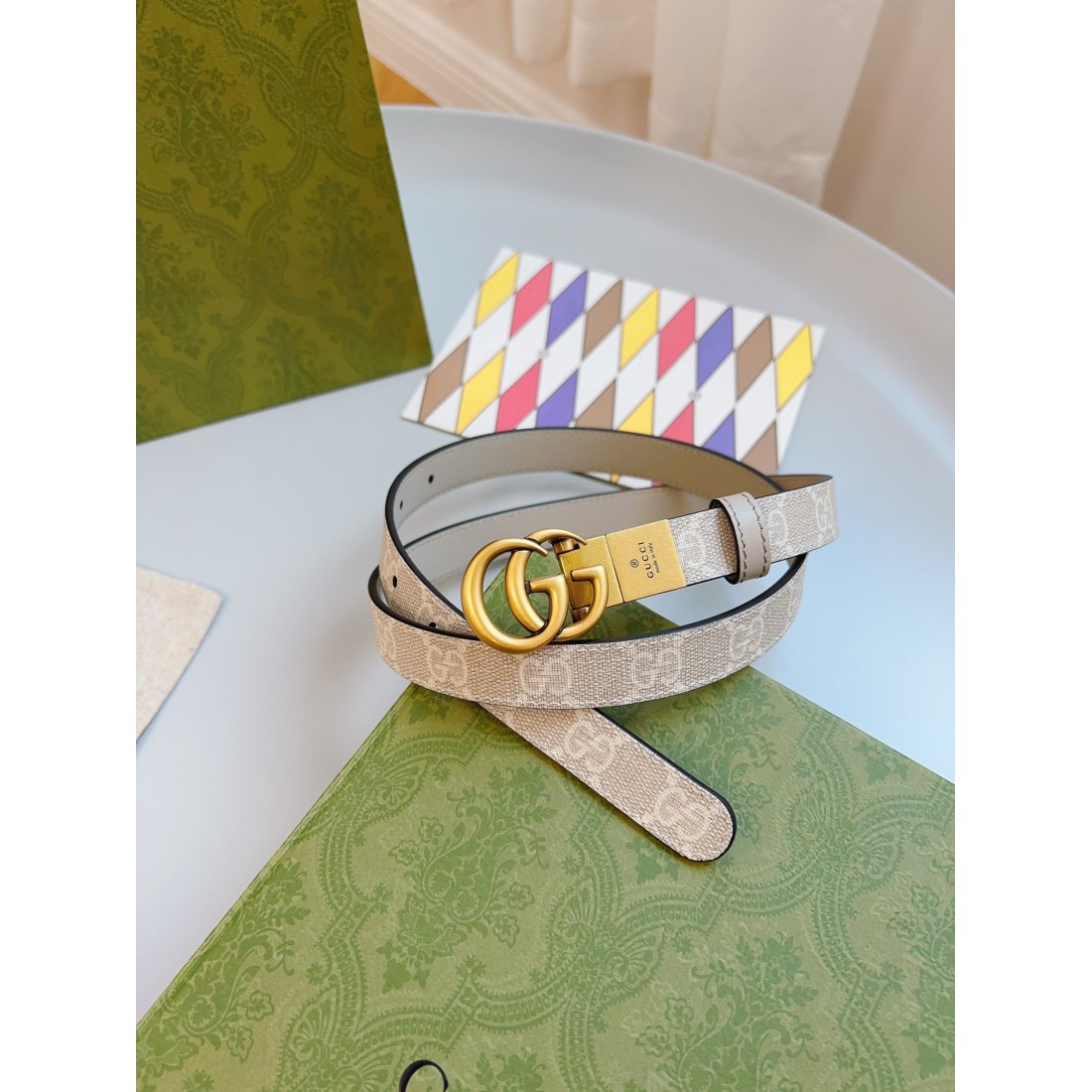 Gucci  Imported Calfskin Apricot Bottom Vintage GG Swivel Buckle Double Sided/Cuttable 20MM