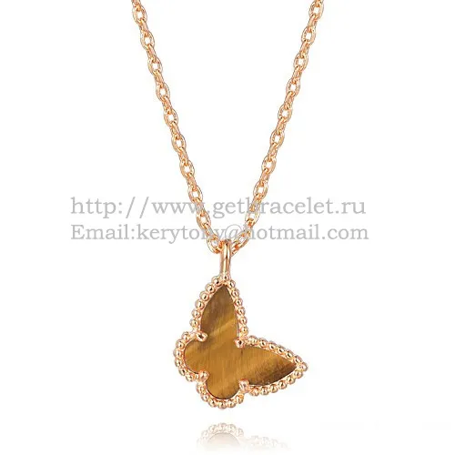 Van Cleef Arpels Lucky Alhambra Butterfly Necklace Pink Gold With Tiger's Eye Mother Of Pearl