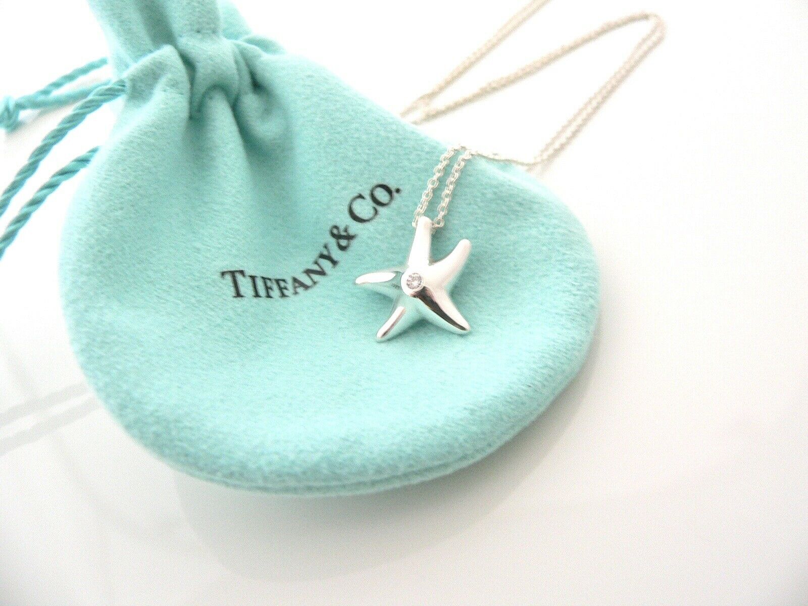 Tiffany & Co Diamond Starfish Necklace Pendant Gift Pouch Love Peretti Silver