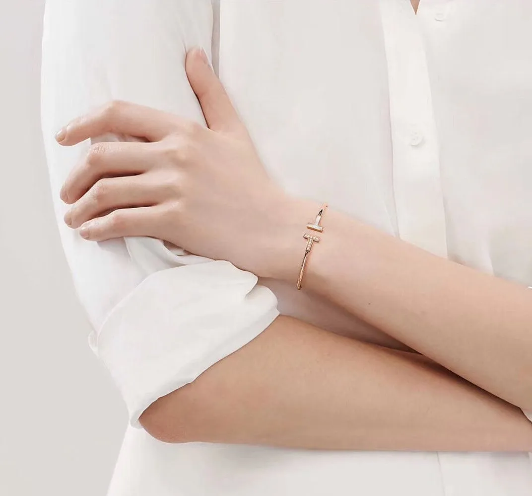 Best New Tiffany Tiffany T1 Rose Gold Double T Asymmetric Diamonds&MOP Sale Online Rigent Bracelet