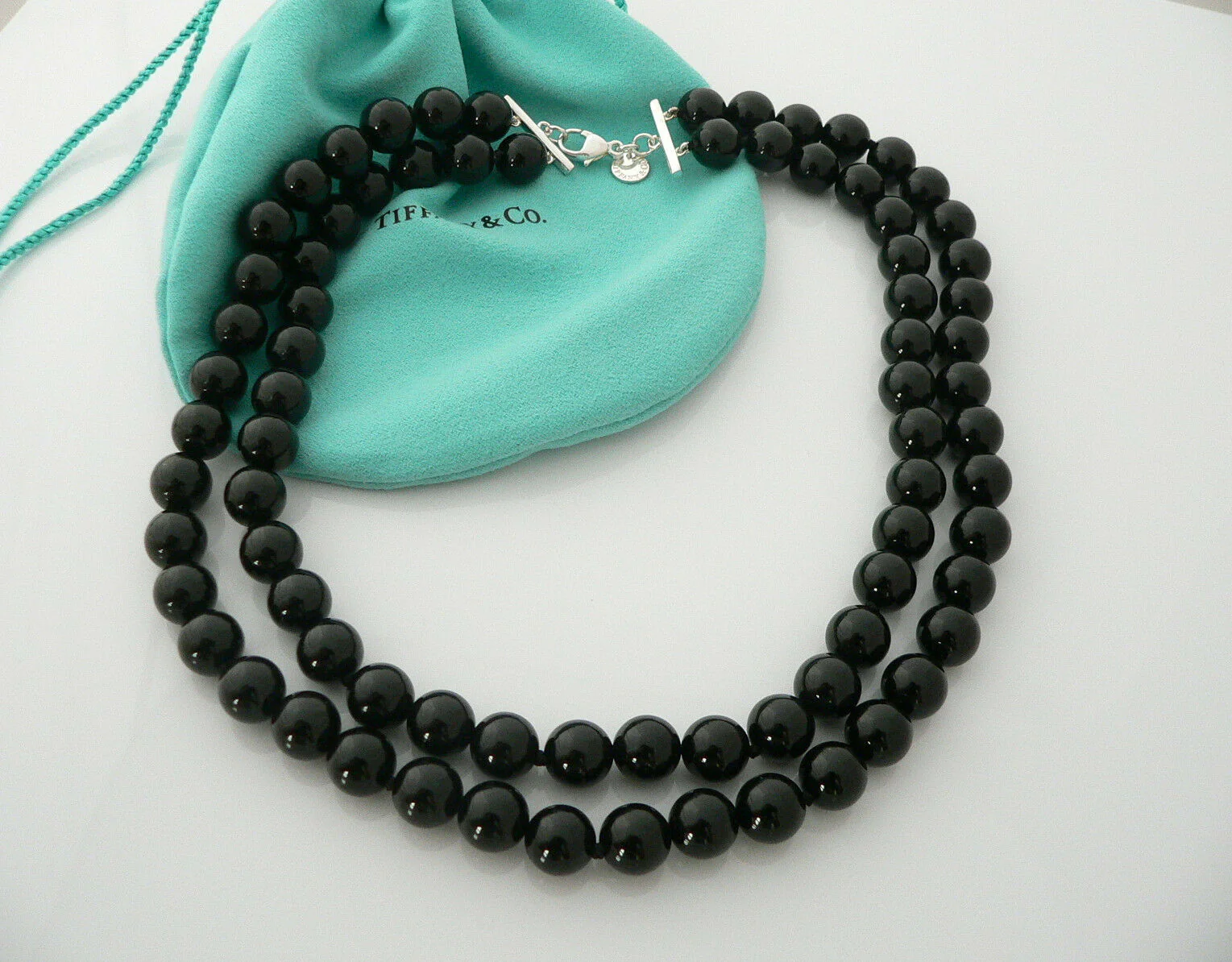 Tiffany & Co Silver Onyx Gemstone Ball Bead Necklace Double Strand Chain Gift