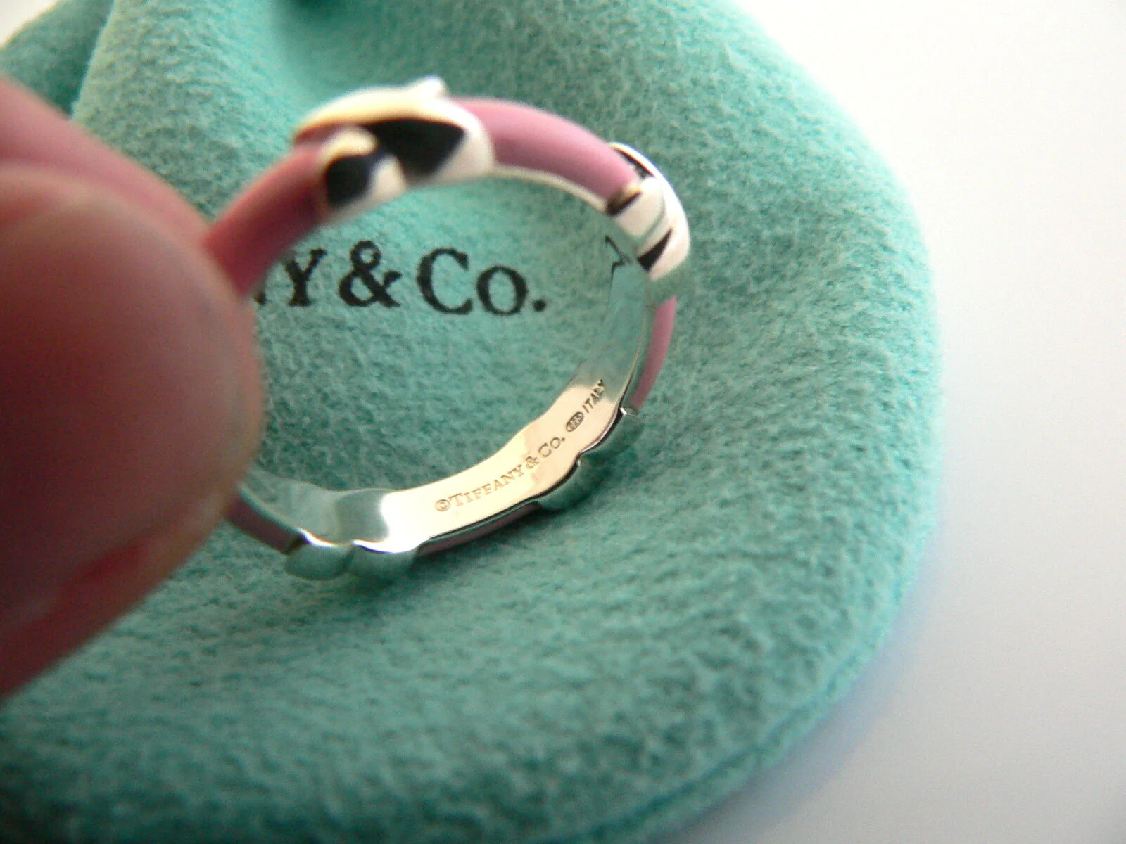 Tiffany & Co Silver Pink Enamel Signature X Stacking Ring Band Sz 6.25 Gift Love