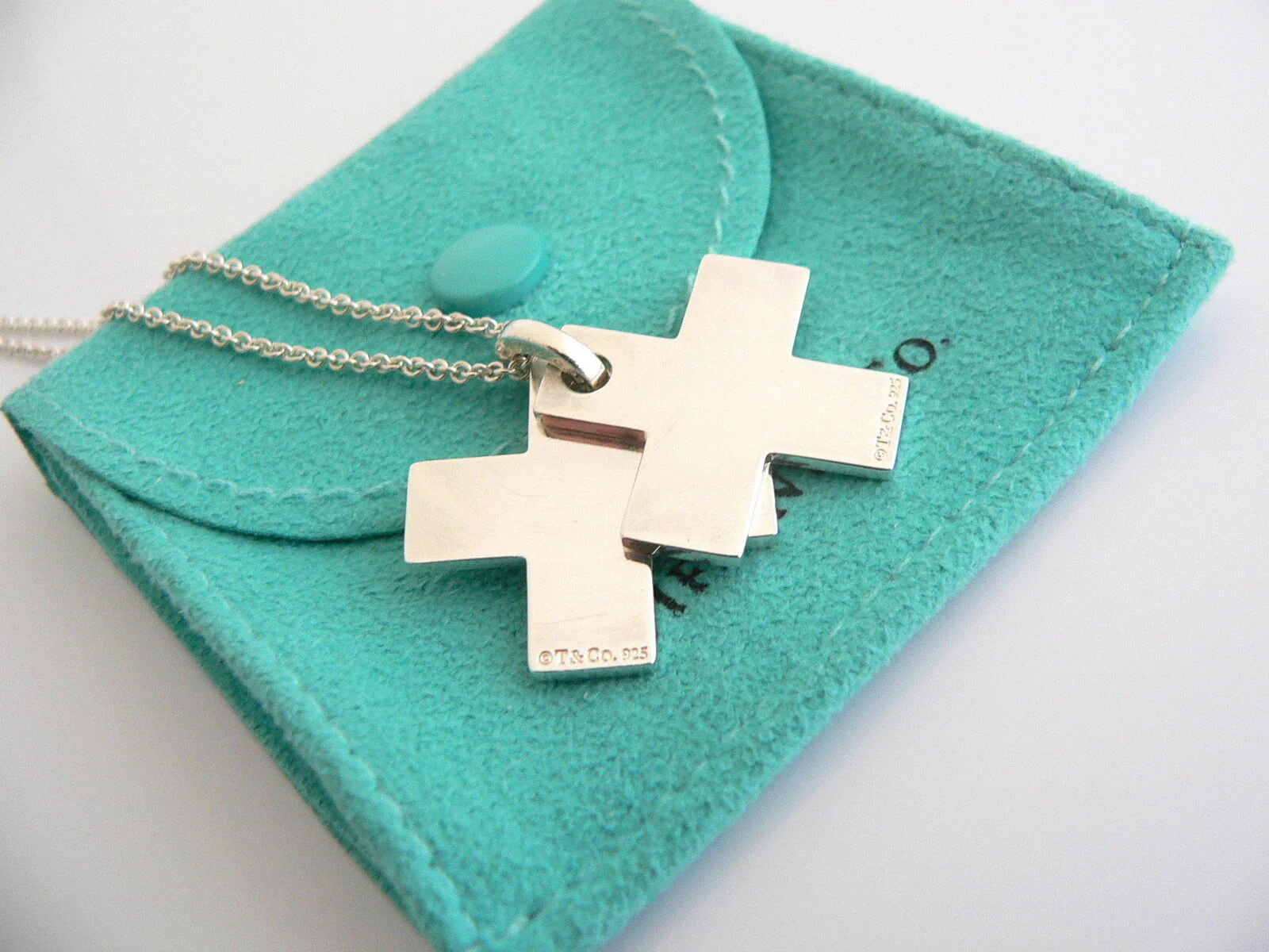 Tiffany & Co Silver 1837 Double Cross Necklace Pendant Charm 24 Inch Longer Chain Gift