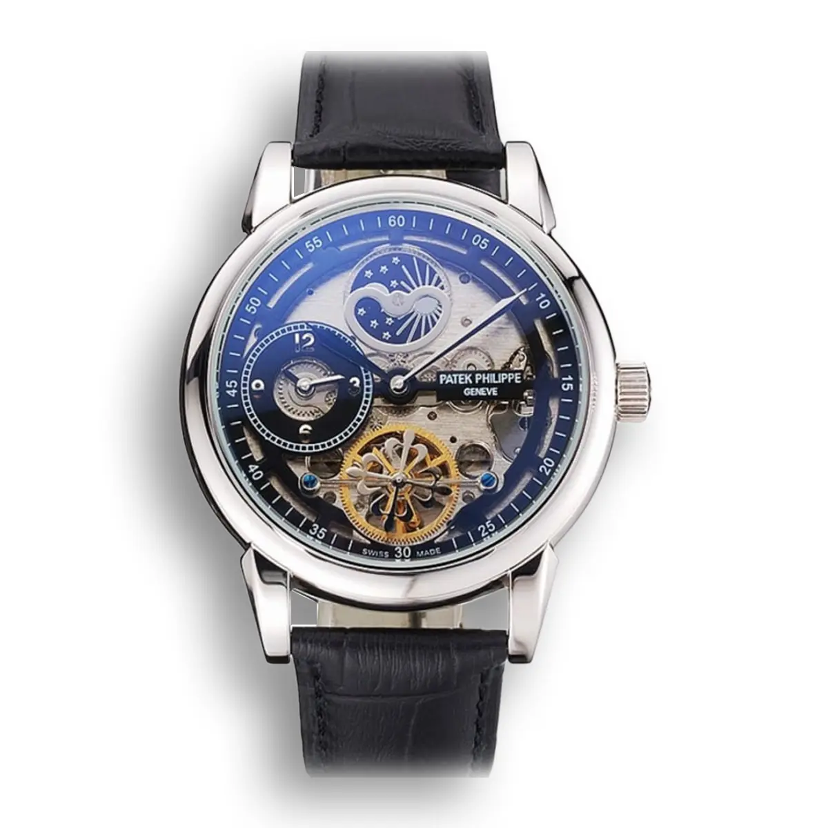 Dual Time Moonphase Tourbillon Black Skeletonised Dial 44 mm, Stainless Steel