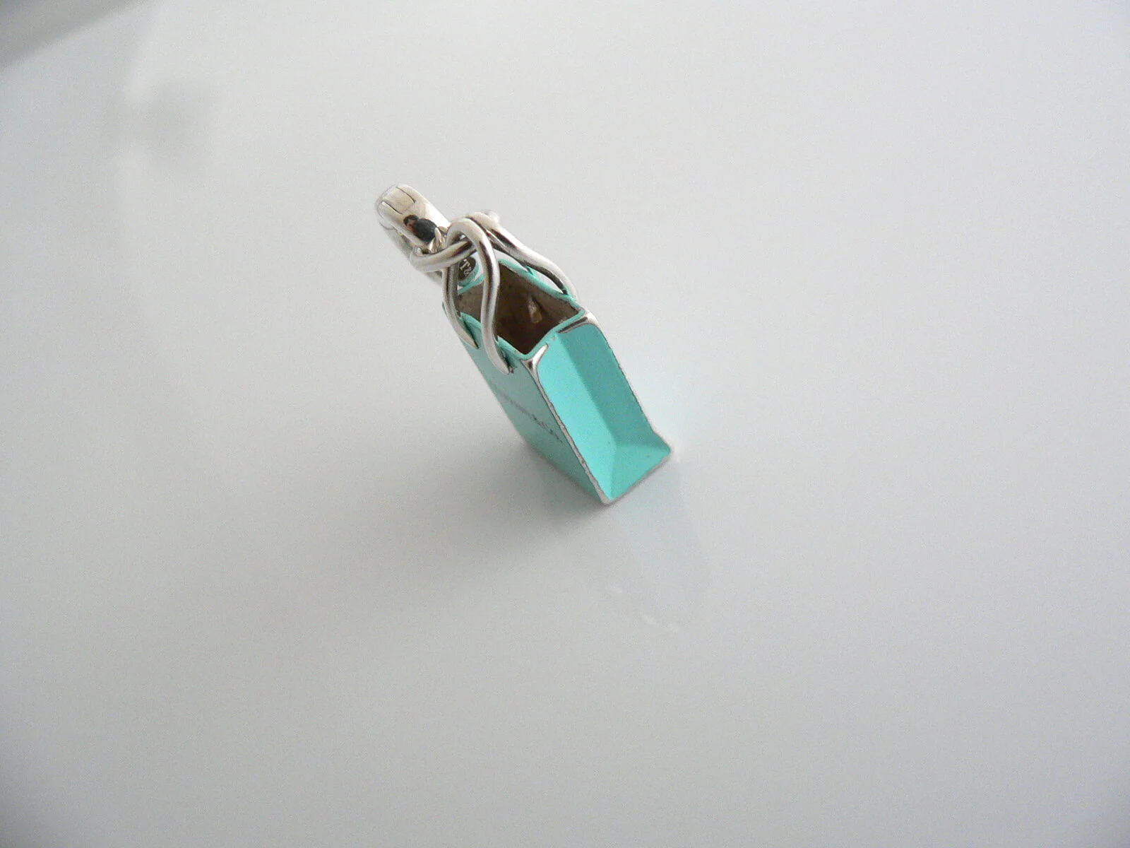 Tiffany & Co Silver Blue Enamel Shopping Bag Charm Pendant Oval Clasp Gift Love