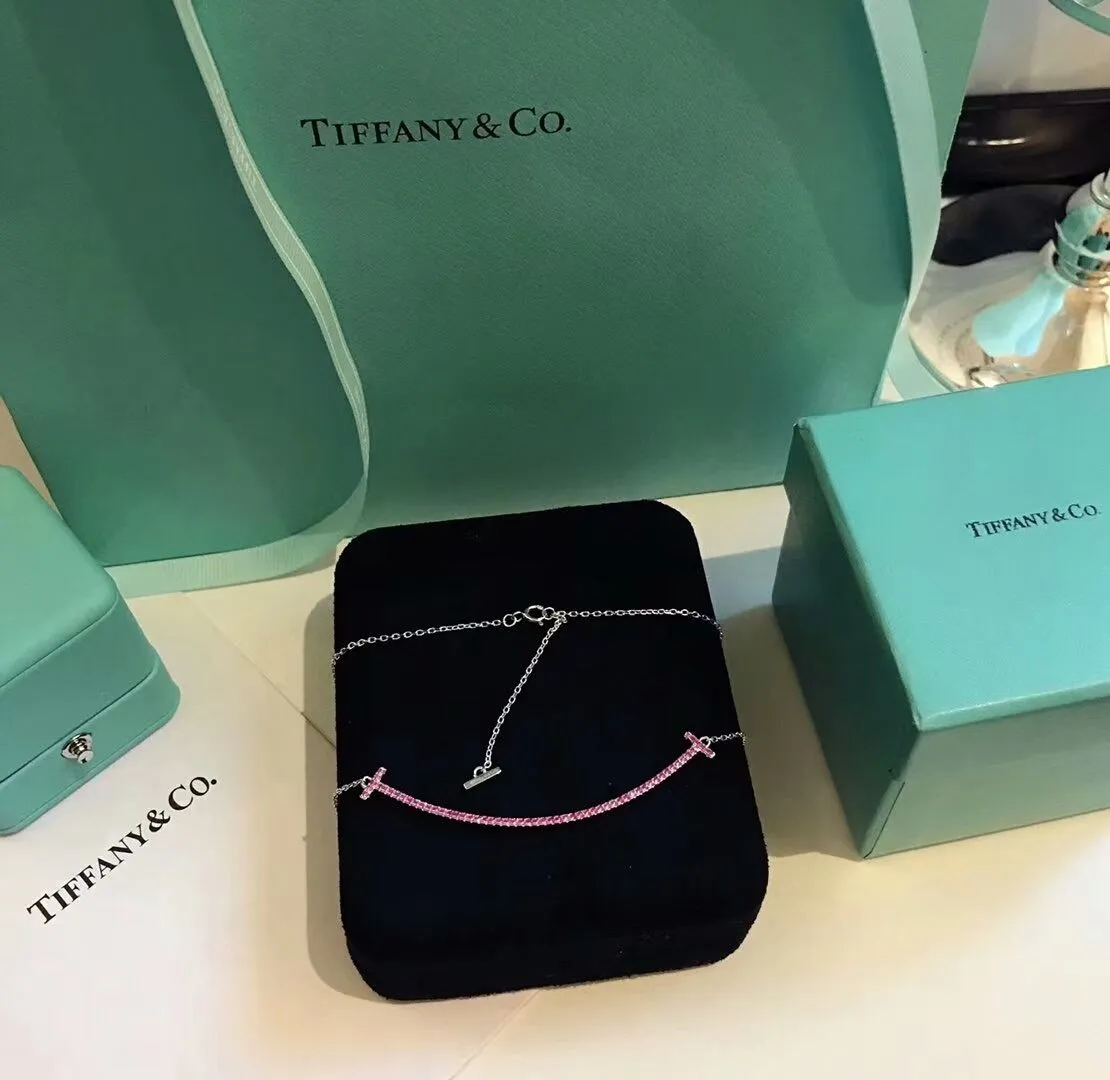 2021 Latest Tiffany Tiffany T Pink Swarovski Diamonds Double T Smile Pendant Womens Large Necklace 60698090