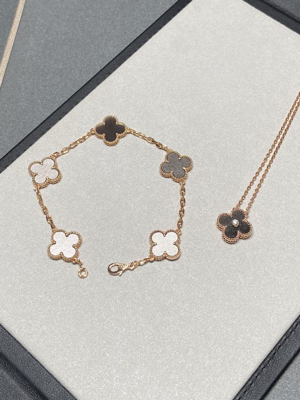 Van Cleef Bracelet Dupe, Silver Sheen Obsidian Clover