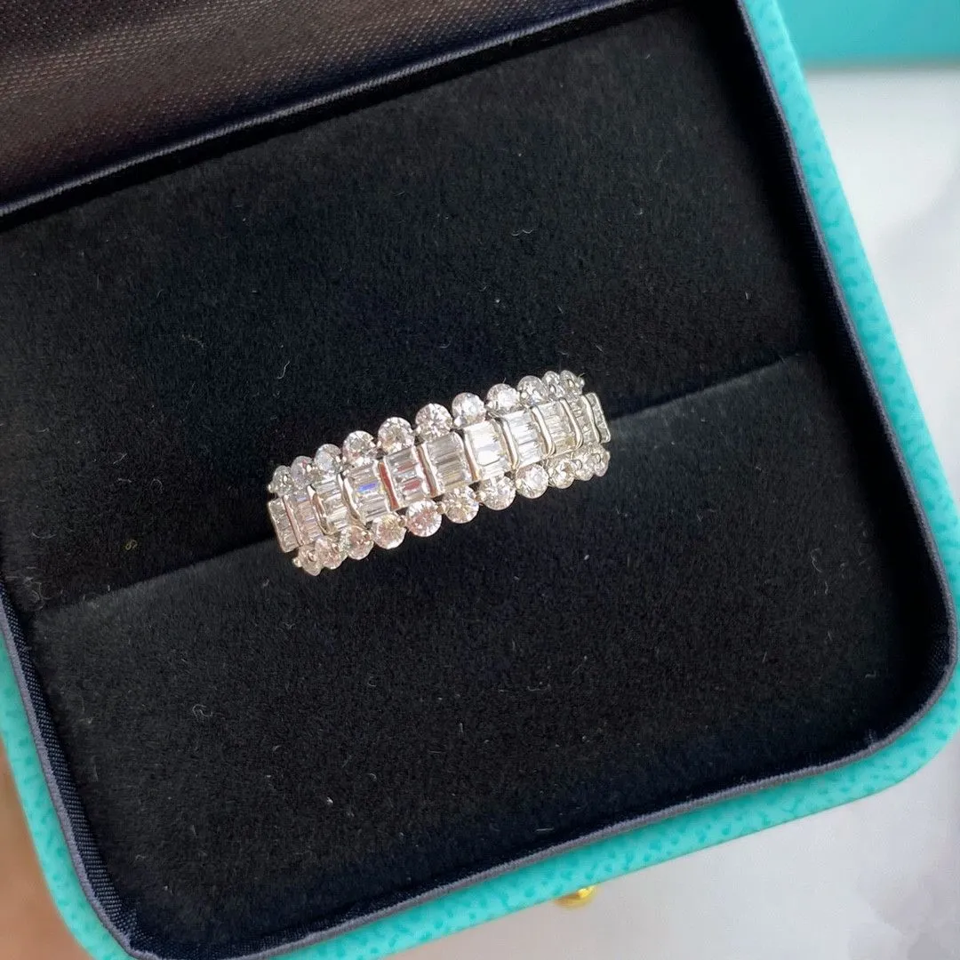 2021 Style Tiffany Sterling Silver Women White Gold Three-row Diamonds Fashion Ring 5/6/7/8 (US)