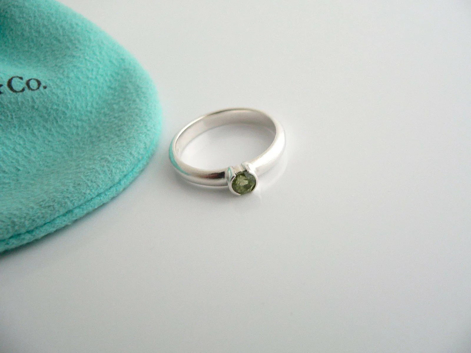 Tiffany & Co Silver Peridot Gemstone Ring Square Stacking Band Sz 6.75 Gift Love