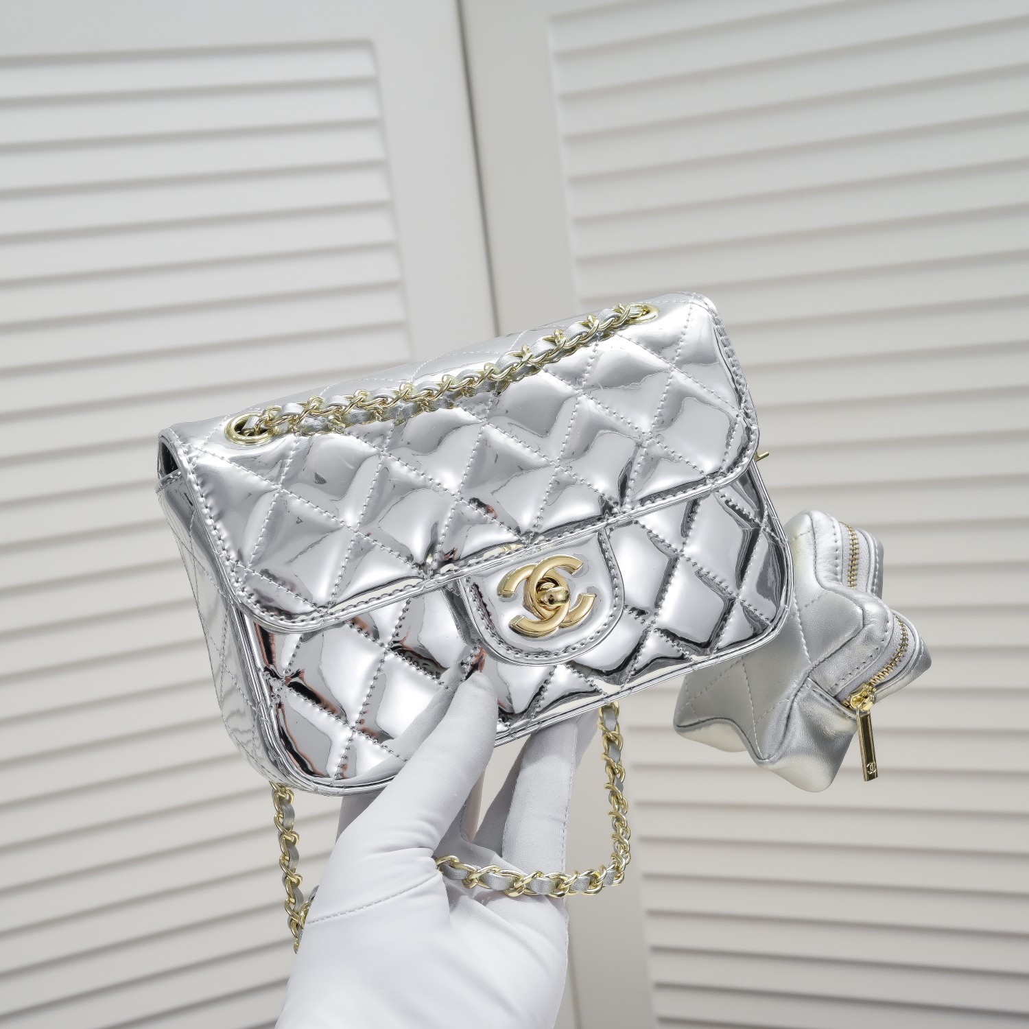 Chanel 24c Star Bag CF Patent Leather Silver Shoulder Bag Handbag