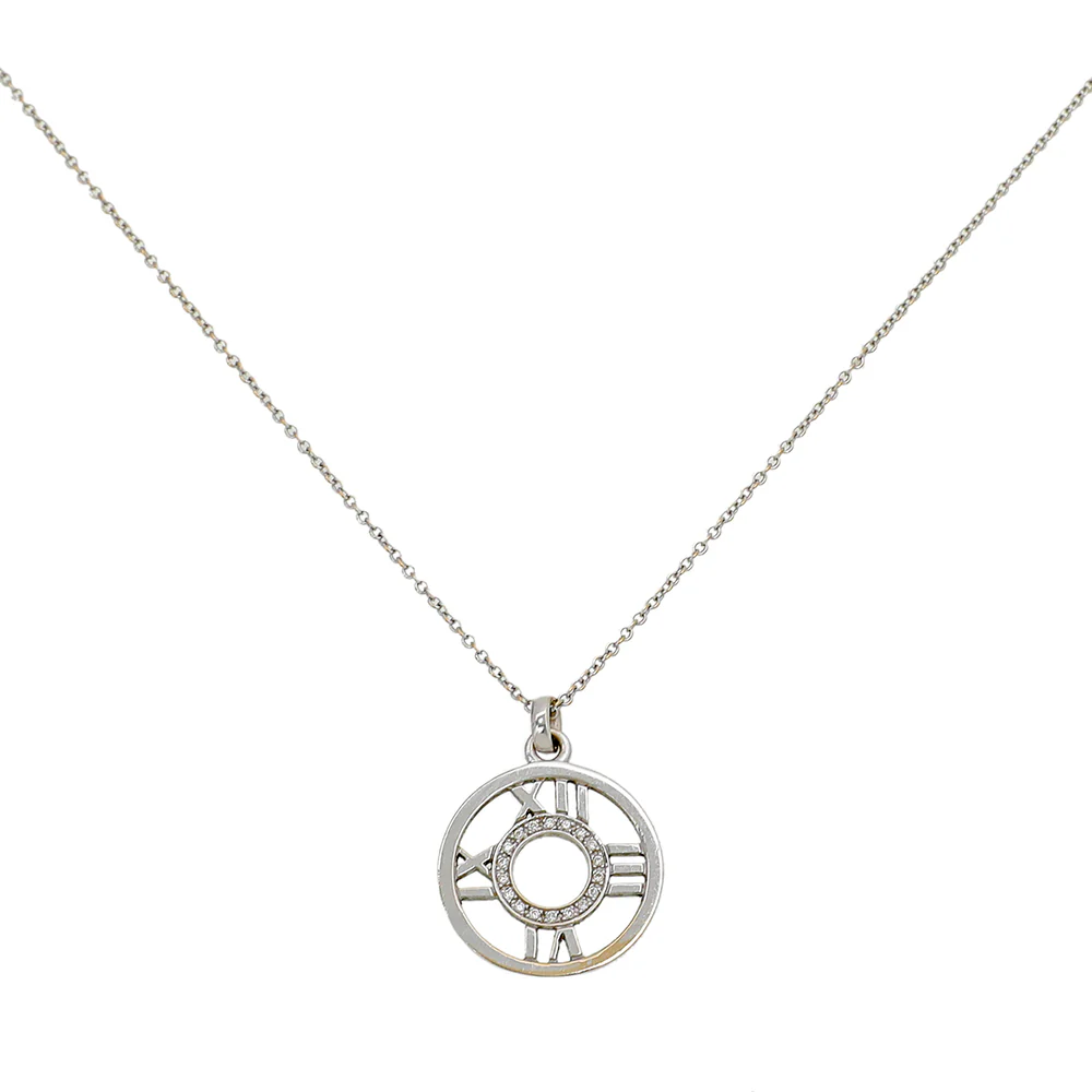 Tiffany & Co 18K White Gold Diamond Atlas Numerical Open Pendant Necklace