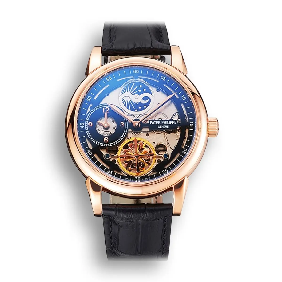 Dual Time Moonphase Tourbillon Black Skeletonised Dial 44 mm, Rose Gold Plated