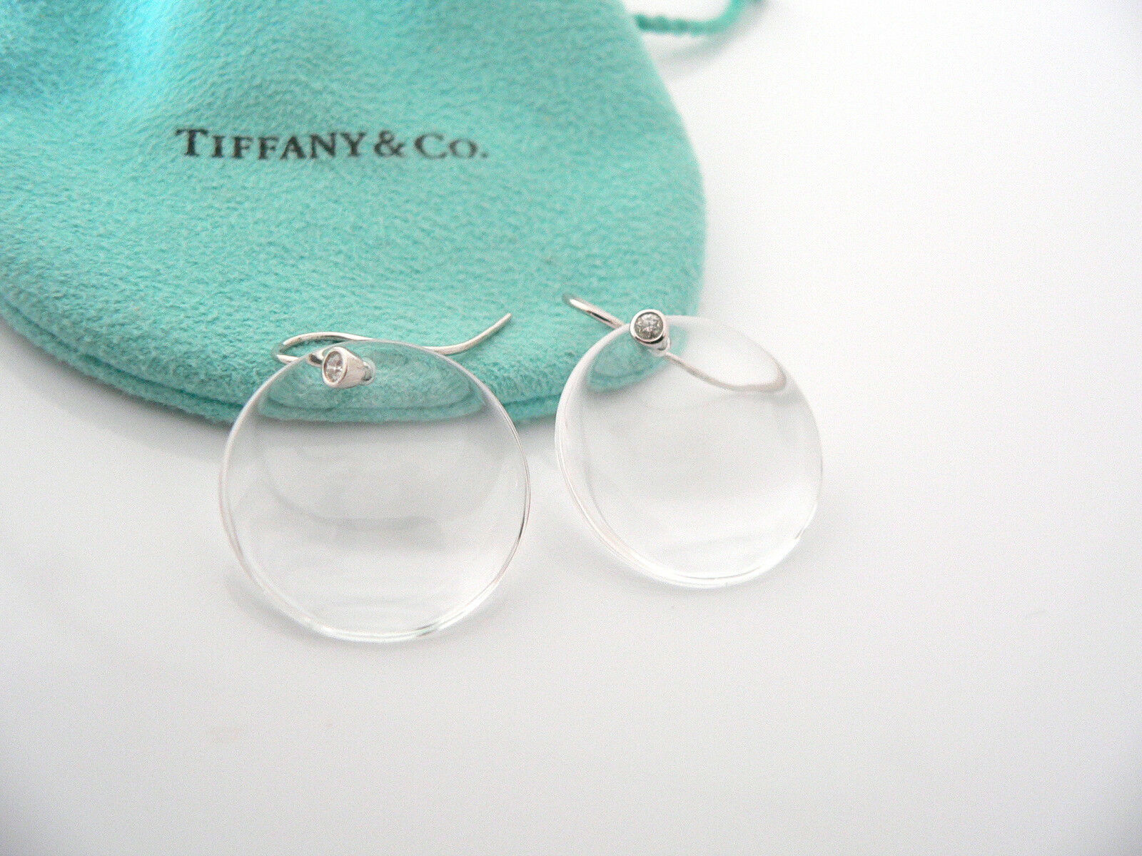 Tiffany & Co Peretti Platinum Diamonds Rock Crystal Disc Dangle Earrings Pouch