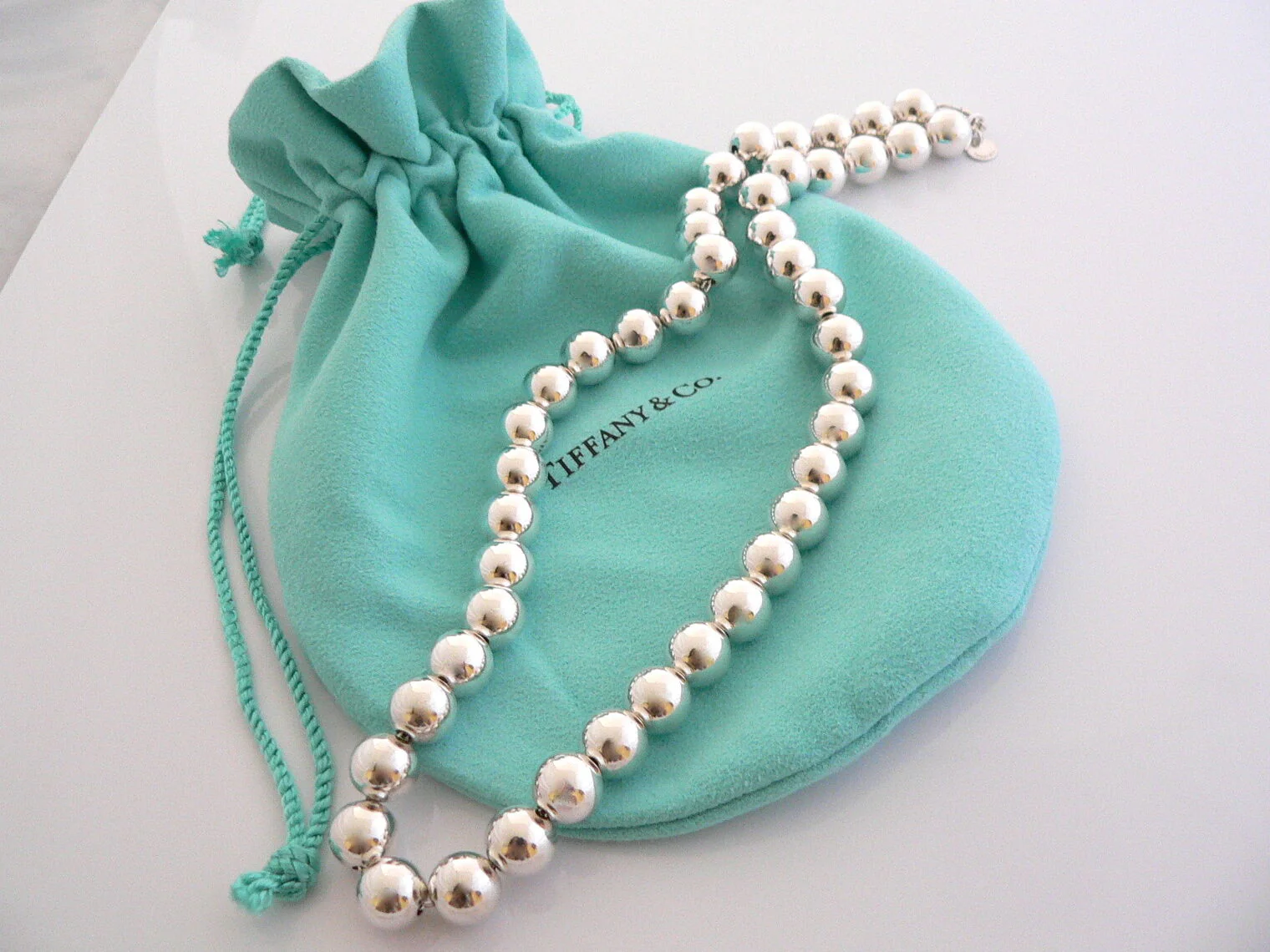 Tiffany & Co Silver 10 mm Ball Bead Necklace 18.4 Inch Chain Gift Pouch Love