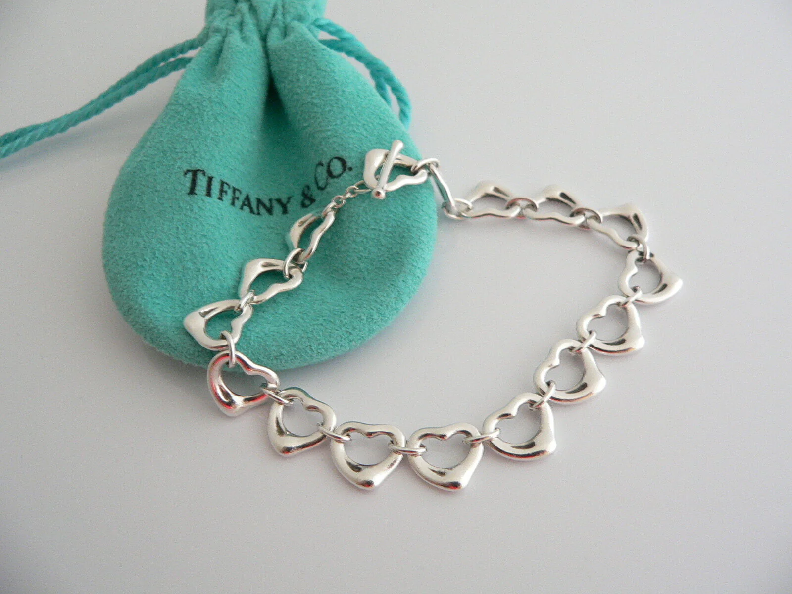 Tiffany & Co Silver Open Heart Link Bracelet Bangle Gift Love Pouch