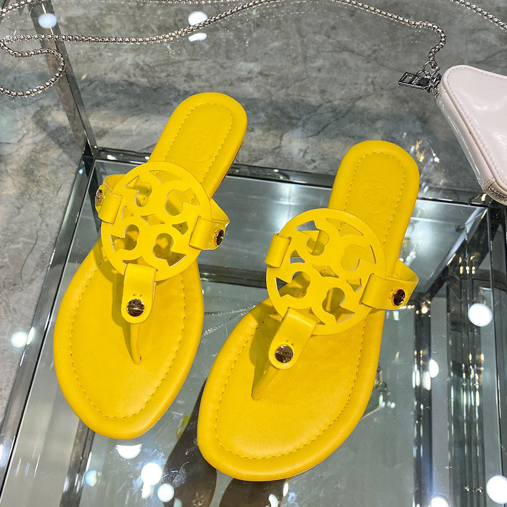 Tory Burch Leather Metal Double T Logo Flip-flops Sandals Slide (Replica)