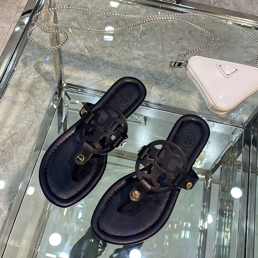 Tory Burch Leather Metal Double T Logo Flip-flops Sandals Slide (Replica)