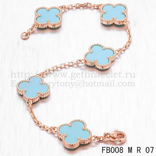 Van Cleef & Arpels Vintage Alhambra Bracelet 5 Motifs Pink Gold With Turquoise Mother Of Pearl