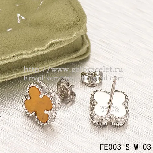 Van Cleef & Arpels Sweet Alhambra Earrings White Gold With Tiger's Eye Mother Of Pearl