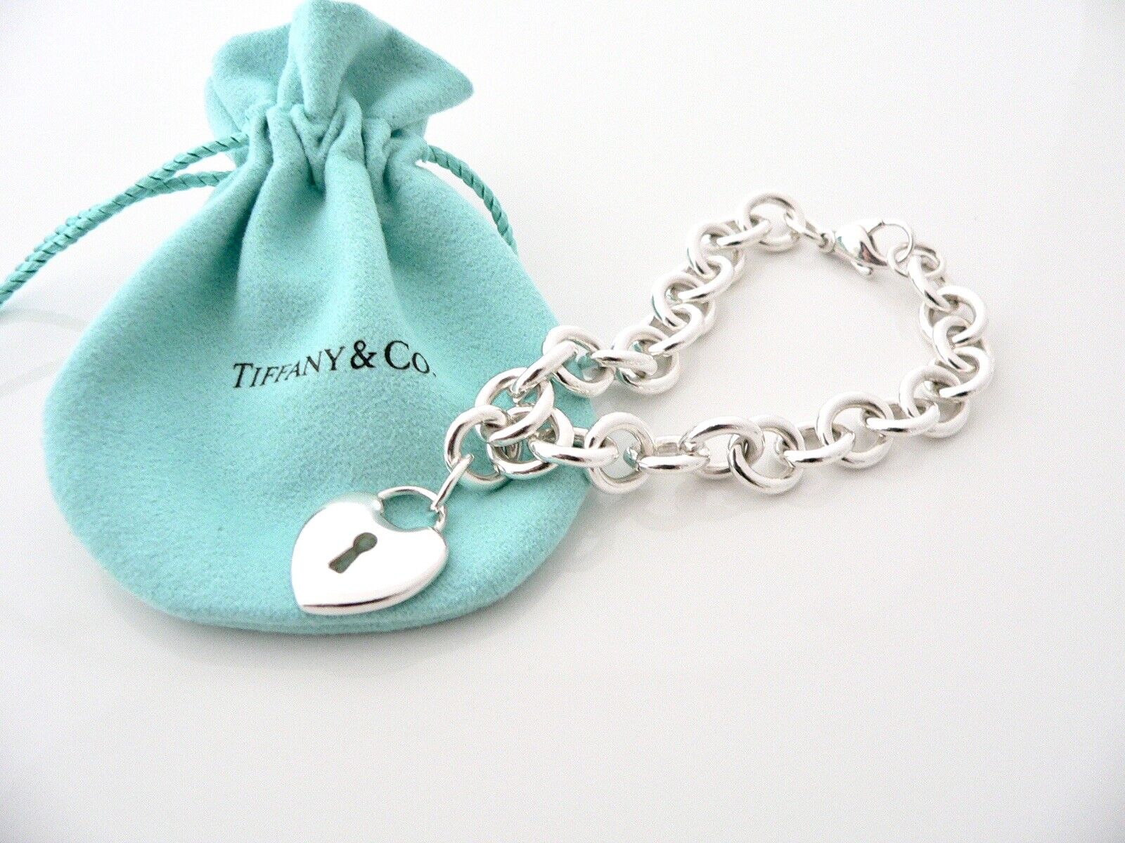 Tiffany & Co Heart Key Bracelet Keyhole Charm Bangle Link Chain Gift Pouch T Co