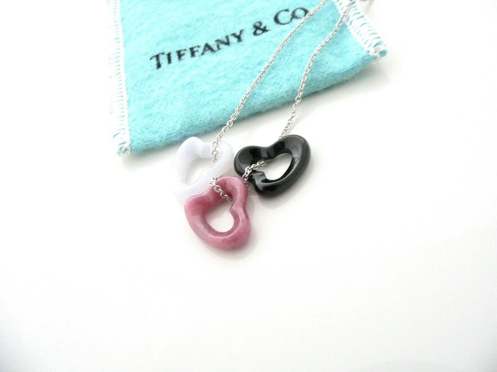 Tiffany & Co Silver Heart Necklace Jade Blue Agate Pink Gemstone Pendant Love