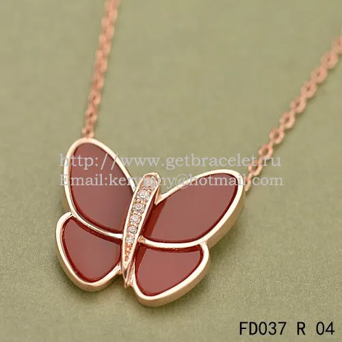 Van Cleef & Arpels Flying Butterfly Pendant Necklace Pink Gold With Red Onyx Diamonds