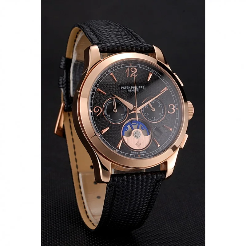 Chronograph Black Guilloche Dial Black 43 mm, Rose Gold Plated
