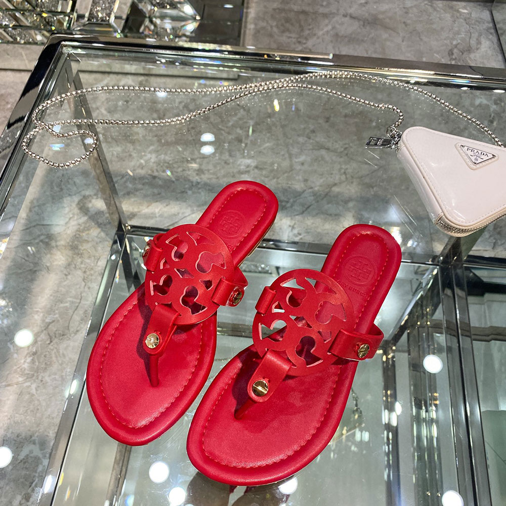 Tory Burch Leather Metal Double T Logo Flip-flops Sandals Slide (Replica)