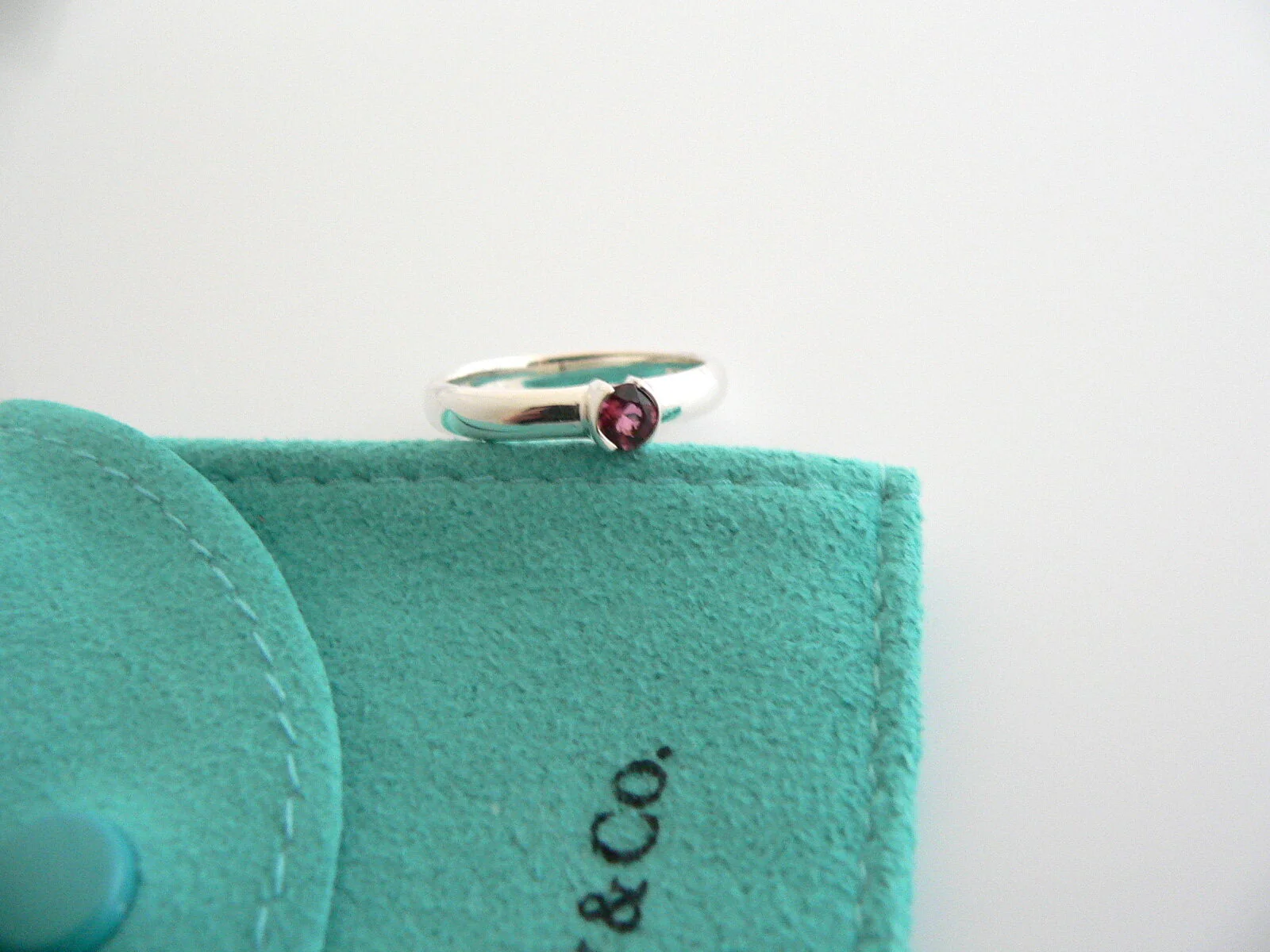 Tiffany & Co Silver Pink Tourmaline Ring Round Gemstone Stacking Band Sz 7 Gift