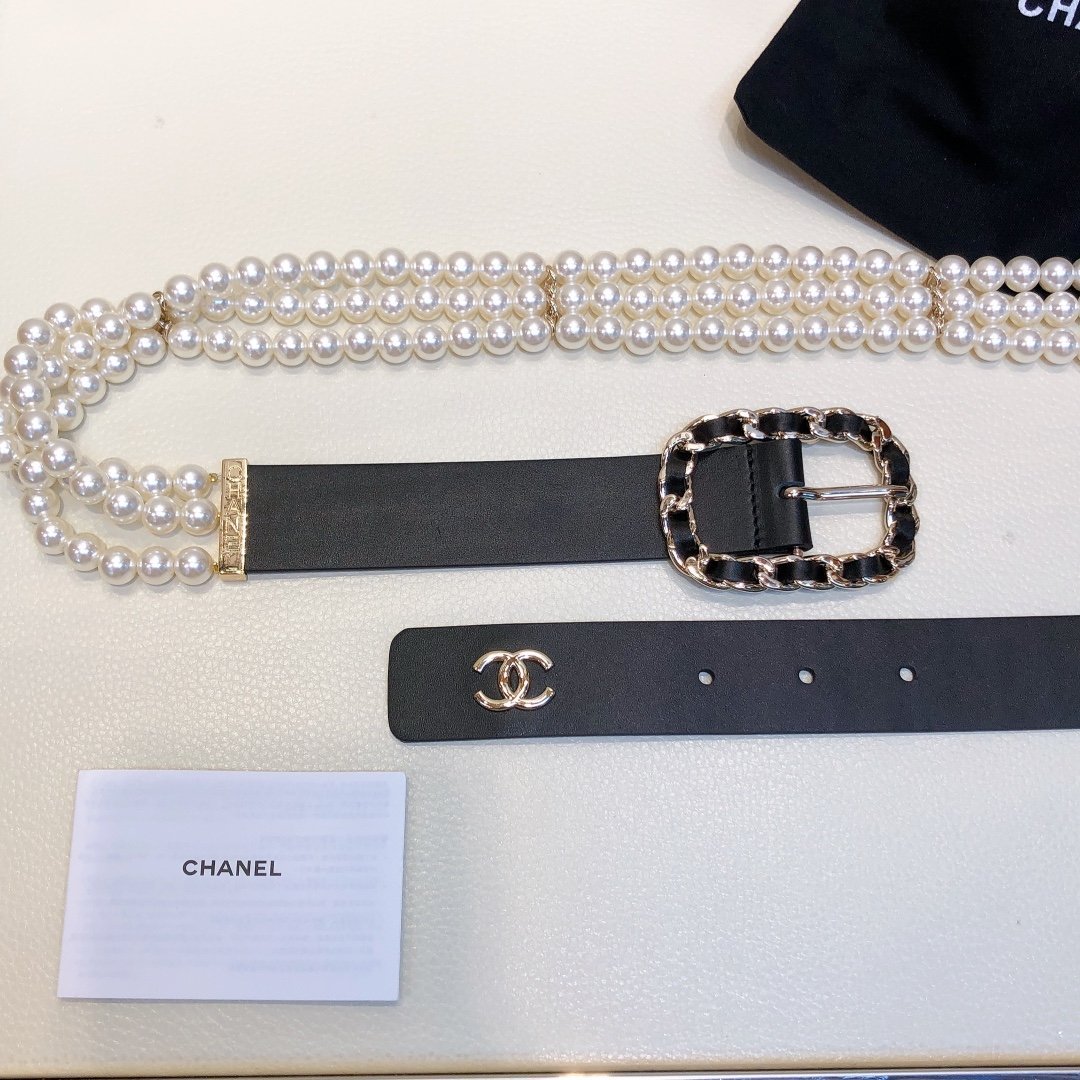 Chanel Belt In Black Imitation Pearls With Gold-Toned Square Metal and Strass Women Belt 30MM