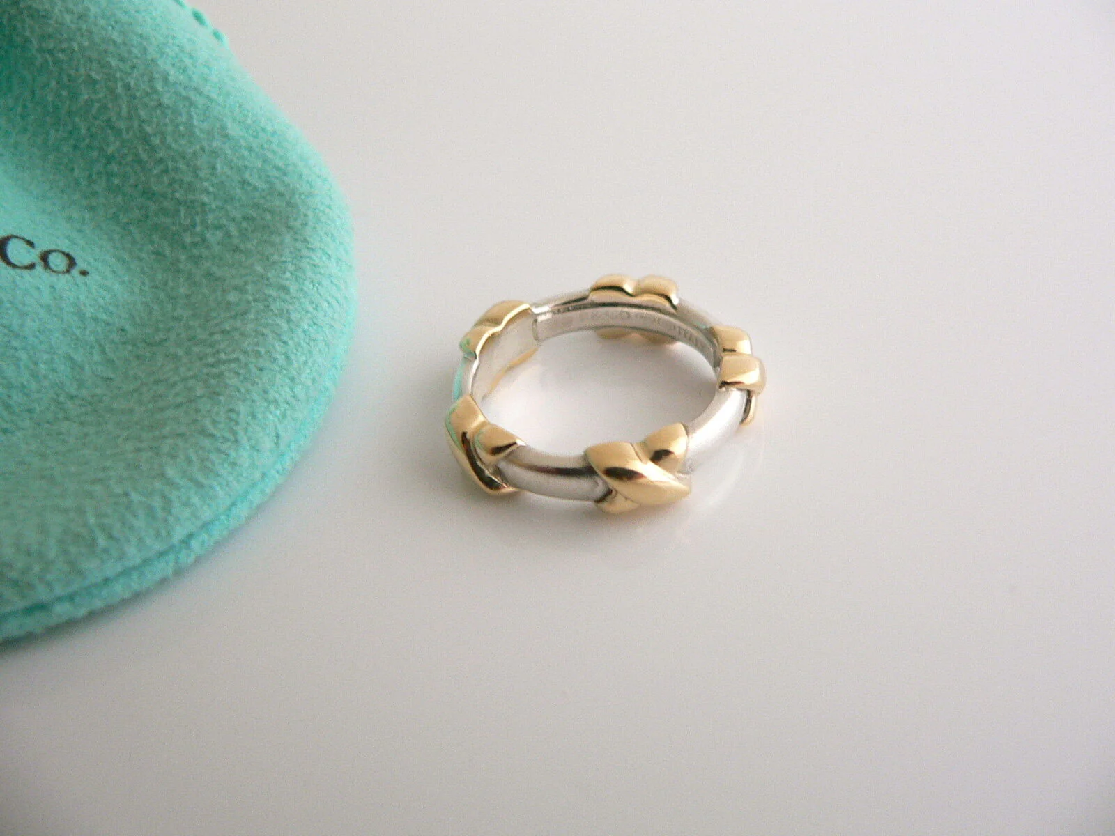Tiffany & Co Silver 18K Gold Signature X Stacking Ring Band Sz 5.25 Gift Pouch