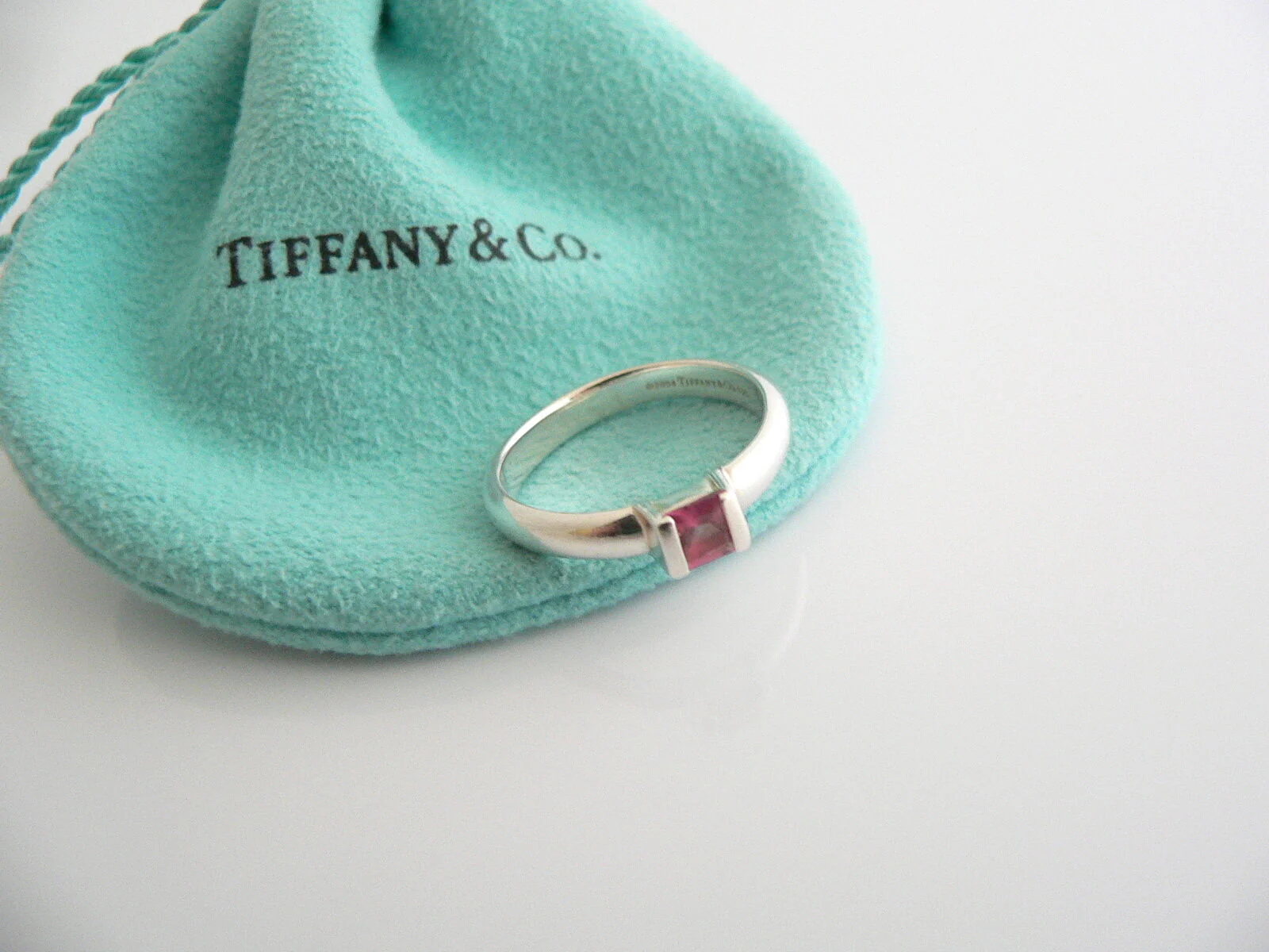 Tiffany & Co Silver Pink Tourmaline Ring Gemstone Band Sz 7.25 Gift Pouch Love