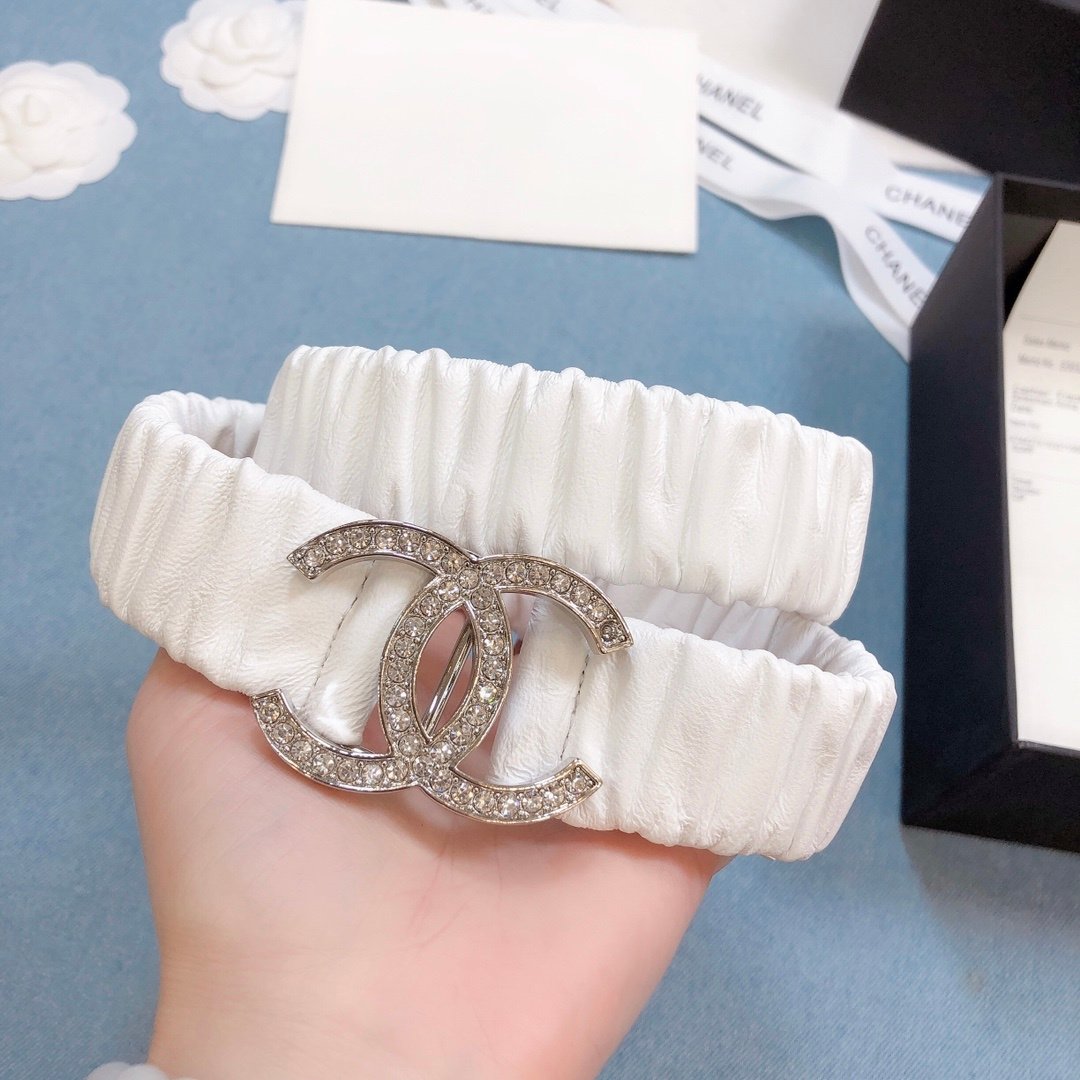 Chanel Belt Double C Buckle White Silver-Toned Hardware and Strass Women Belt 30MM