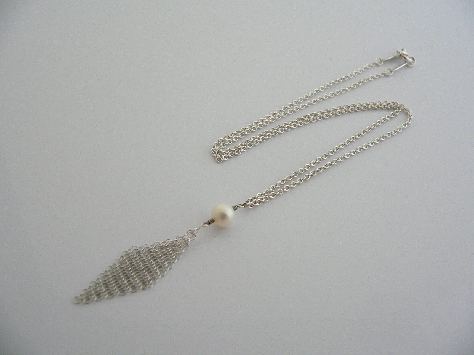 Tiffany & Co Silver Peretti Pearl Mesh Necklace Dangle Charm Pendant Love Gift