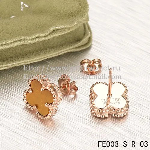 Van Cleef & Arpels Sweet Alhambra Earrings Pink Gold With Tiger's Eye Mother Of Pearl