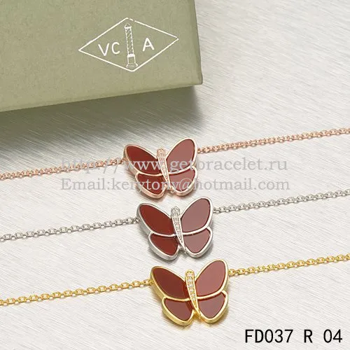 Van Cleef & Arpels Flying Butterfly Pendant Necklace Pink Gold With Red Onyx Diamonds