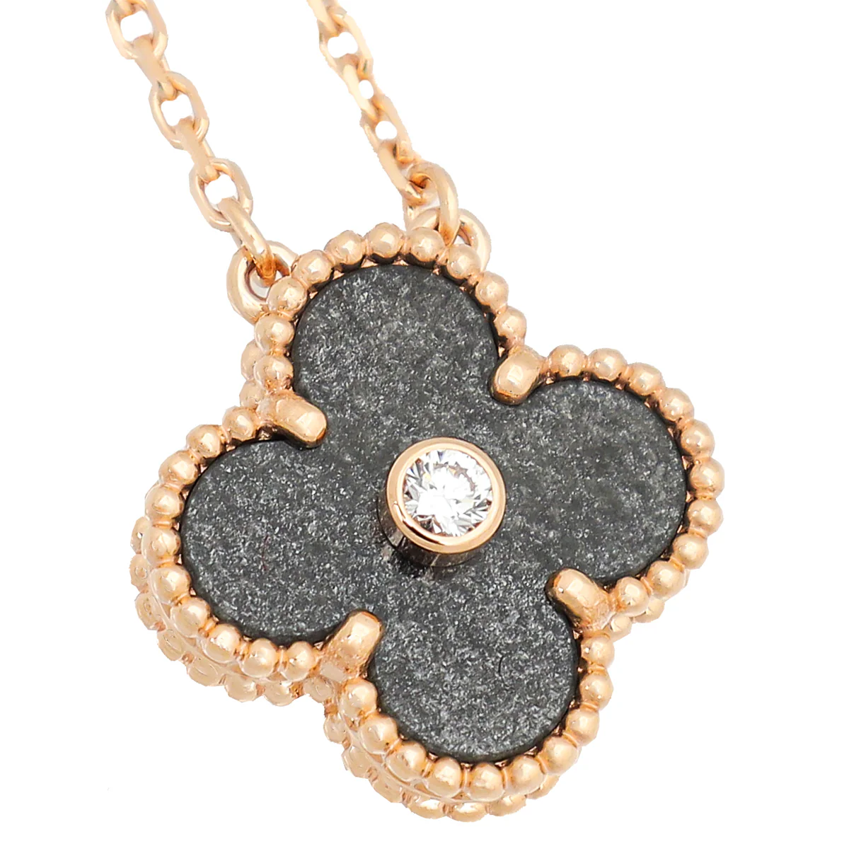 Van Cleef & Arpels 18K Rose Gold Diamond Silver Obsidian Vintage Alhambra Holiday Pendant Necklace