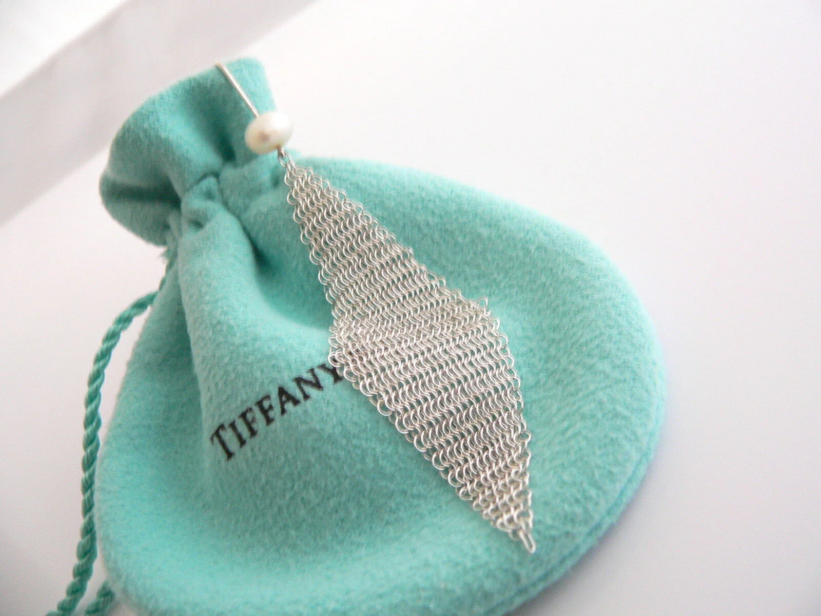 Tiffany & Co Silver Large 3 Inch Pearl Mesh Drop Dangling Dangle Earrings Gift