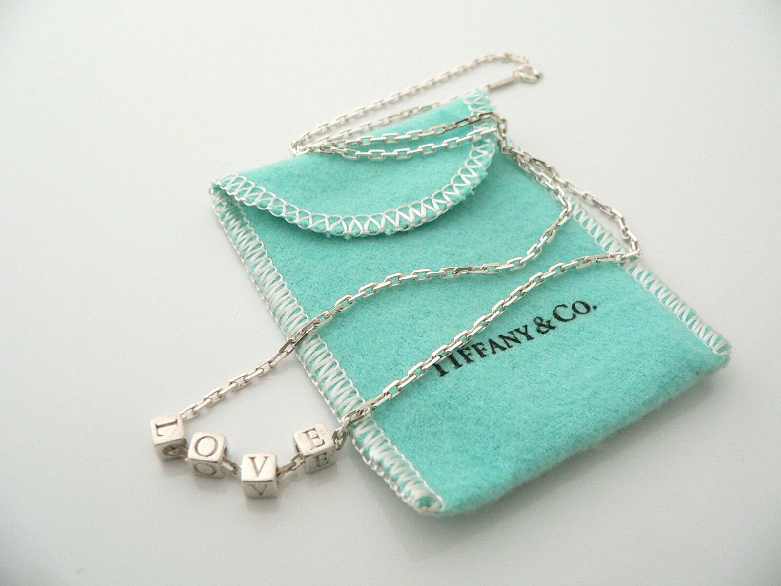 Tiffany & Co LOVE Cube Necklace Pendant Charm 18 In Chain Gift Pouch Silver ERA
