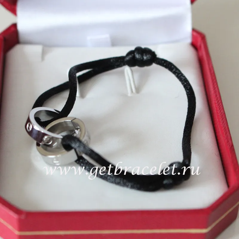 Cartier Double Ring Love Bracelet White Gold Black Rope