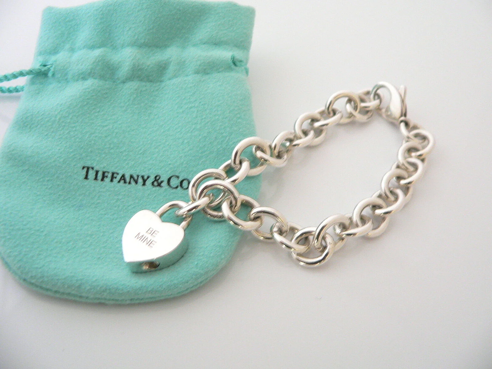 Tiffany & Co Silver BE MINE Heart Padlock Charm Bracelet Bangle Chain Gift Pouch
