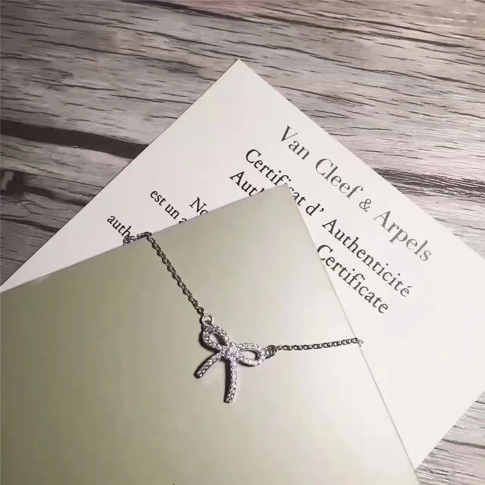 Nice Price Tiffany Bow Bowknot Pendant Studded Crystals Necklace Low Price Sale