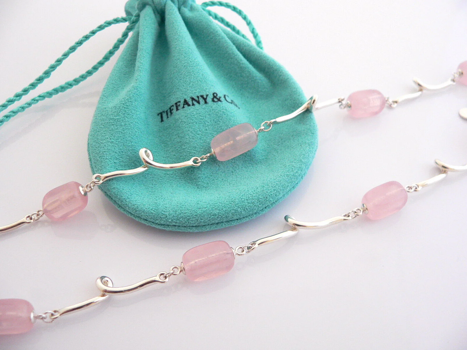 Tiffany & Co Pink Quartz Necklace Rose Twirl Pendant Charm Chain Silver Gift Art