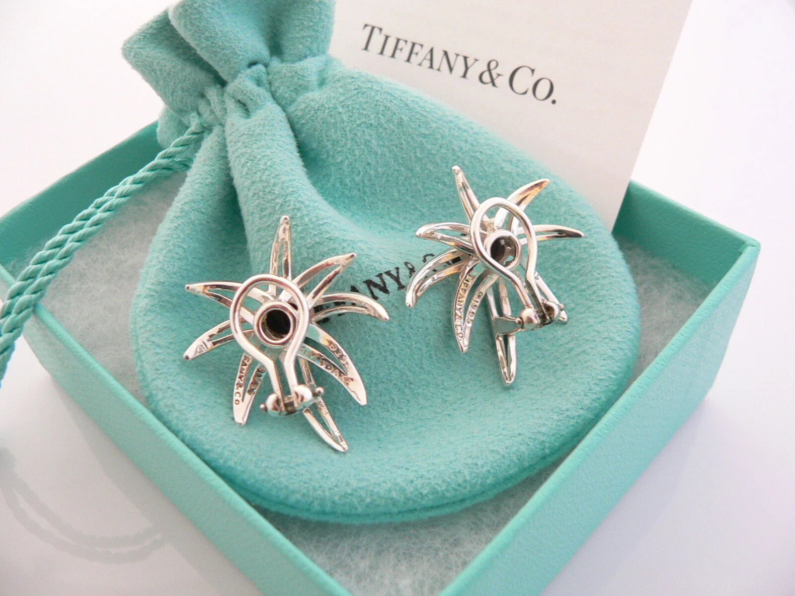 Tiffany & Co Silver Onyx Fireworks Clip On Earrings Gift Pouch Gemstone Love