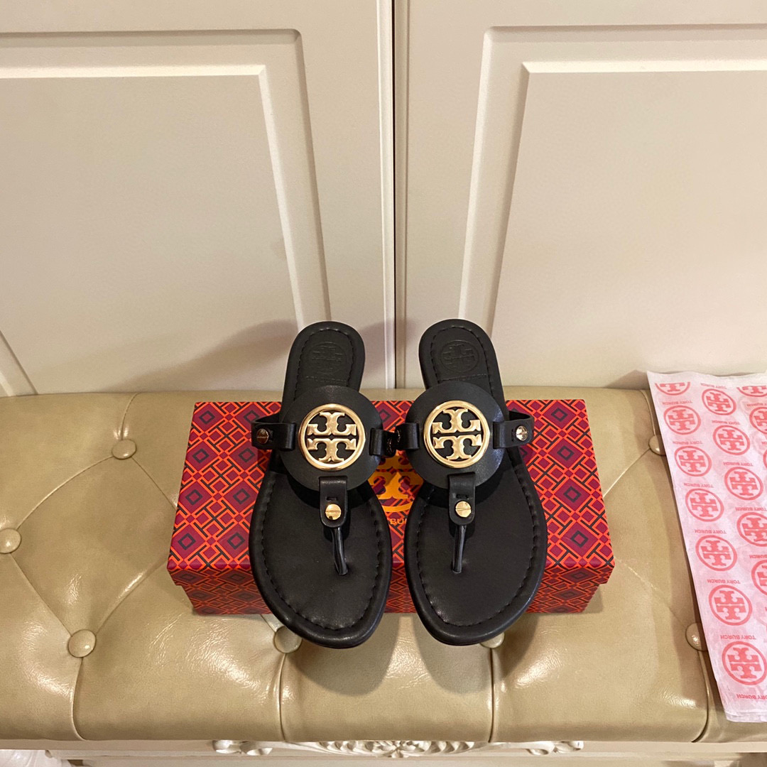 Tory Burch Leather Metal Logo Flip-flops Sandals Slide (Replica)