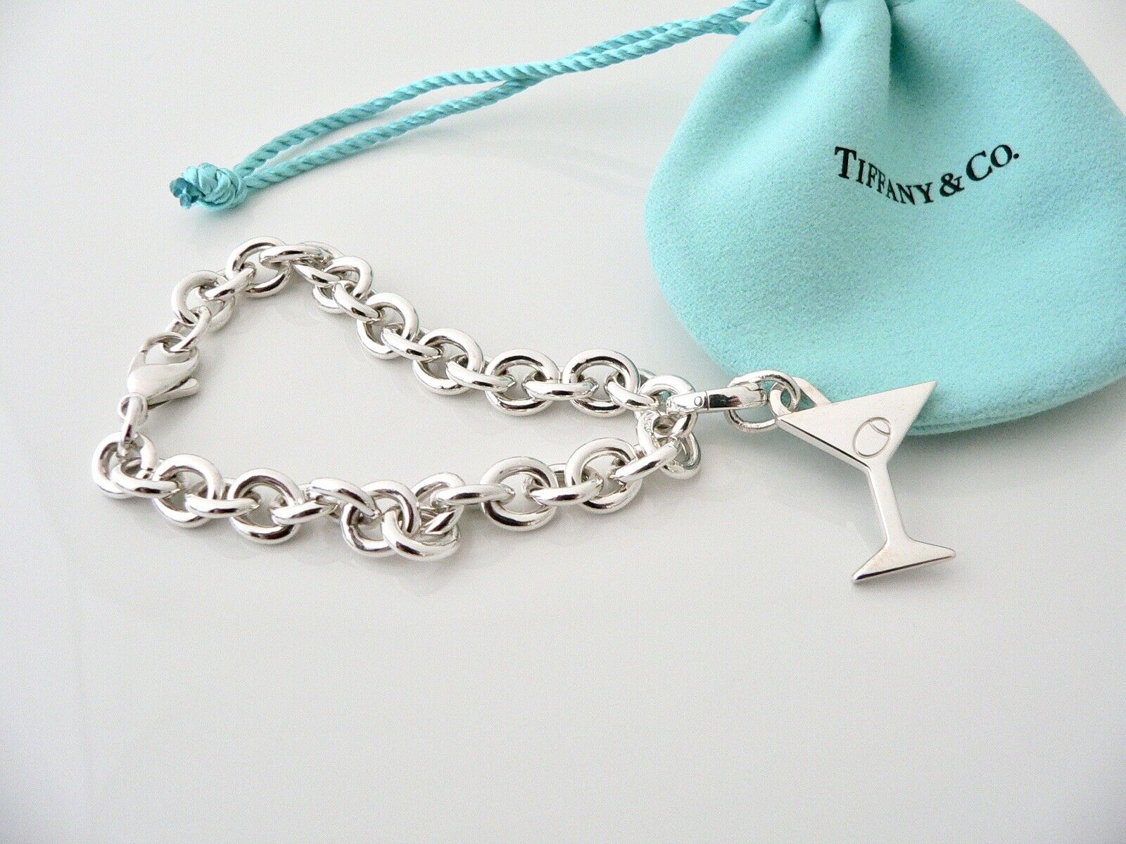 Tiffany & Co Martini Glass Olive Drink Bracelet Charm Chain Silver Pouch Gift