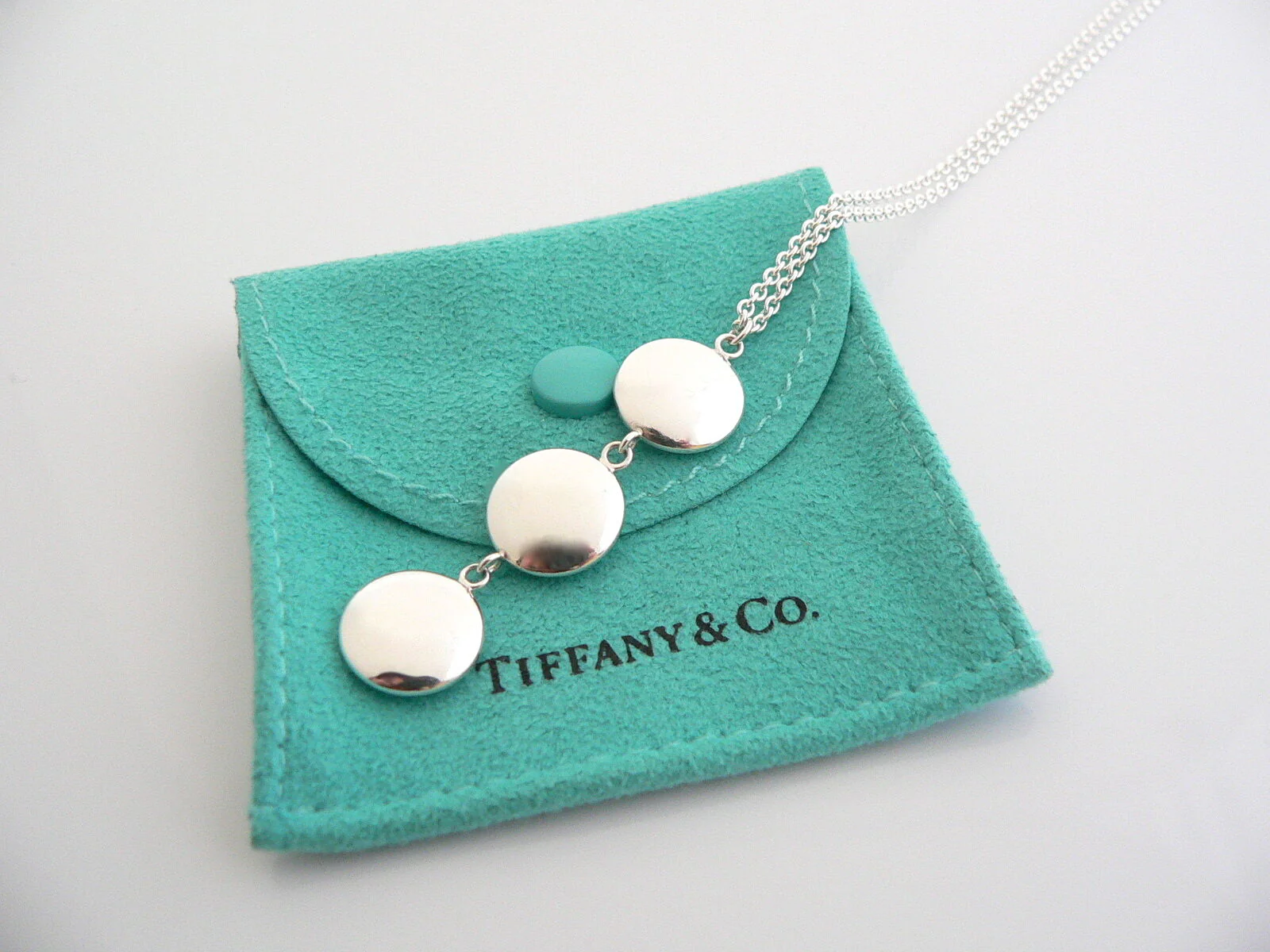 Tiffany Co Silver Triple Disc Circle Drop Dangle Dangling Necklace Gift Pouch