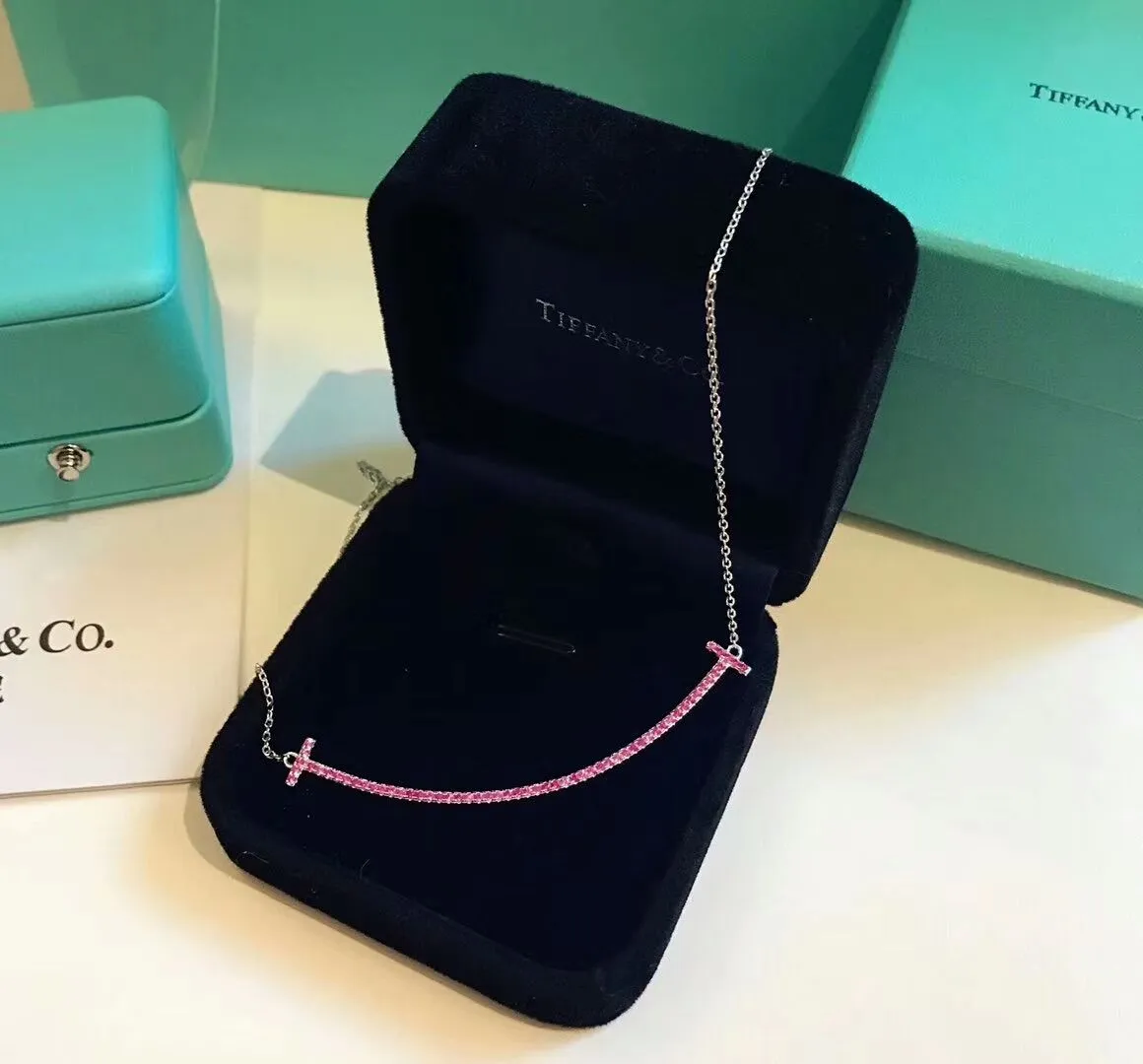 2021 Latest Tiffany Tiffany T Pink Swarovski Diamonds Double T Smile Pendant Womens Large Necklace 60698090