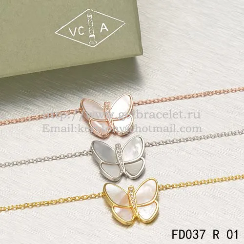 Van Cleef & Arpels Flying Butterfly Pendant Necklace Pink Gold With White Mother Of Pearl Diamonds