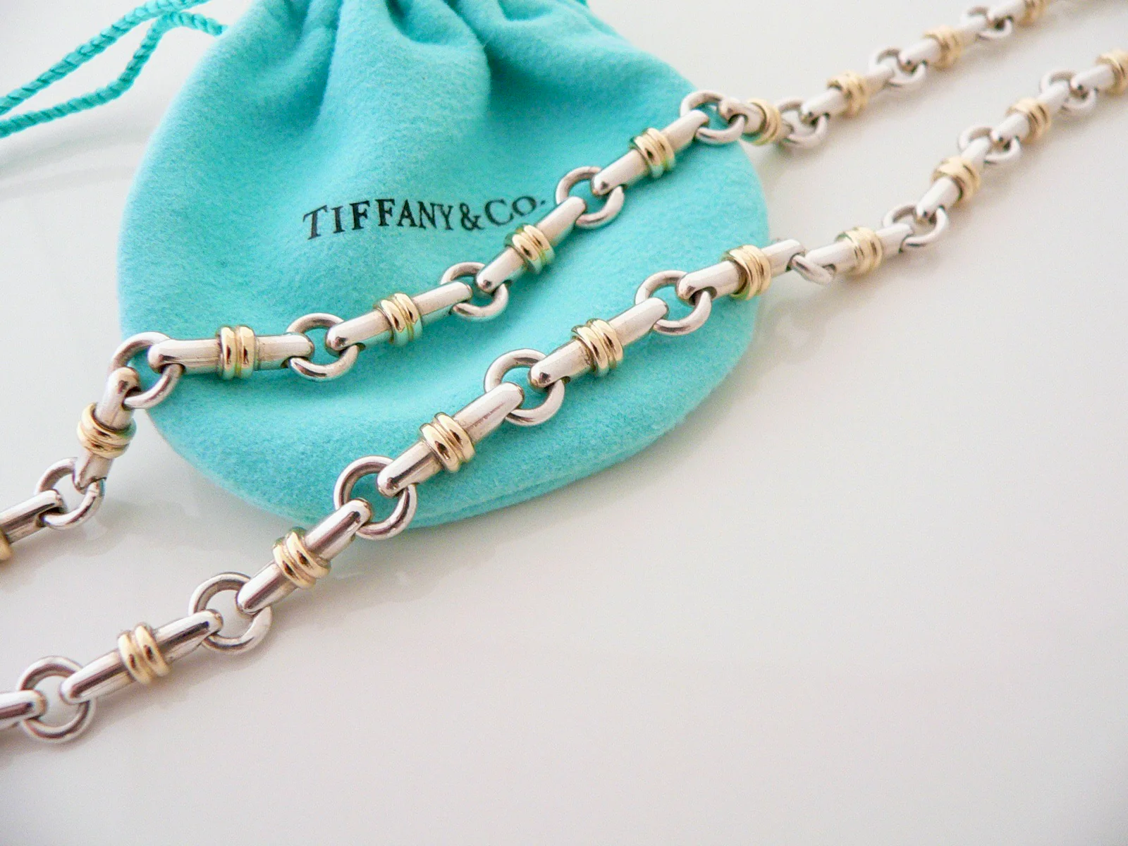 Tiffany & Co Silver Gold Bar Link Tube Necklace Pendant Chain Gift Pouch Cocktail Party Heavy